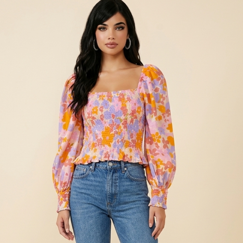 FREE PEOPLE We The Free Floral Smocked Puff Sleeve Top XS.